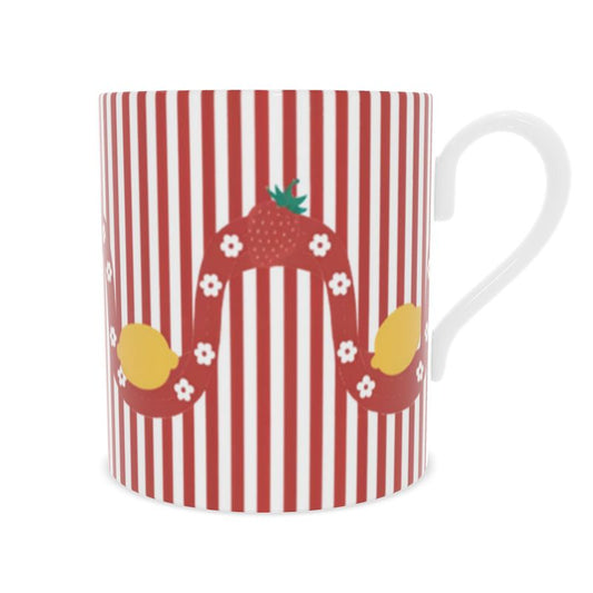 Vibrant Citrus Fruit Mug with Red Stripes - Elegant Bone China